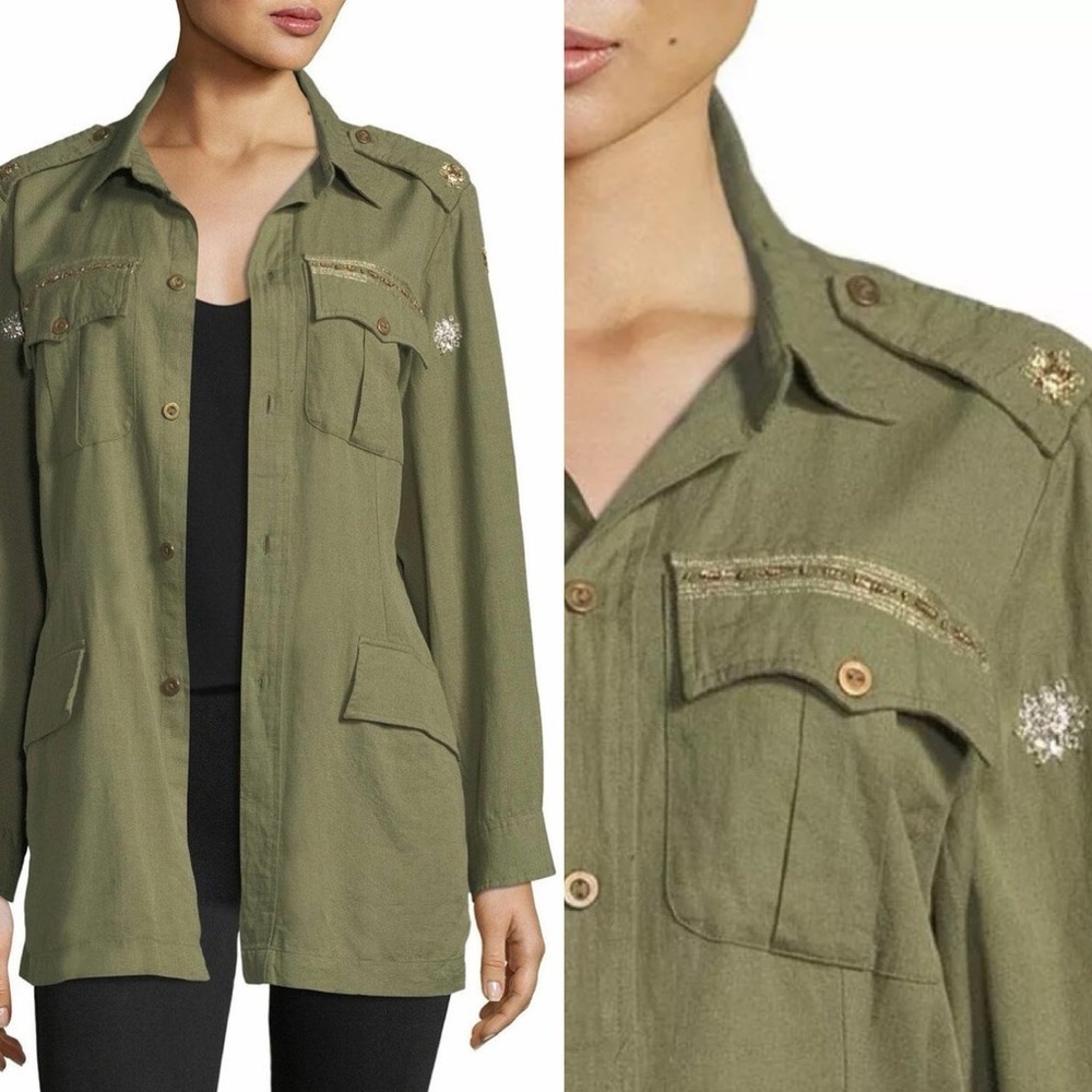 LoveShackFancy Olive Green Military Utility Button Up Long Sleeve Top Sz 1 Small